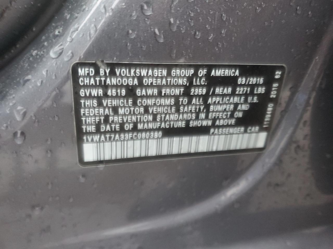 2015 Volkswagen Passat VIN 1VWAT7A33FC080380 Copart auction photo, all over damage thumbnail 14