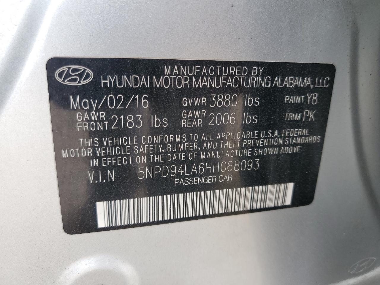 2017 Hyundai Elantra VIN 5NPD94LA6HH068093 Copart auction photo, front end / side damage thumbnail 12