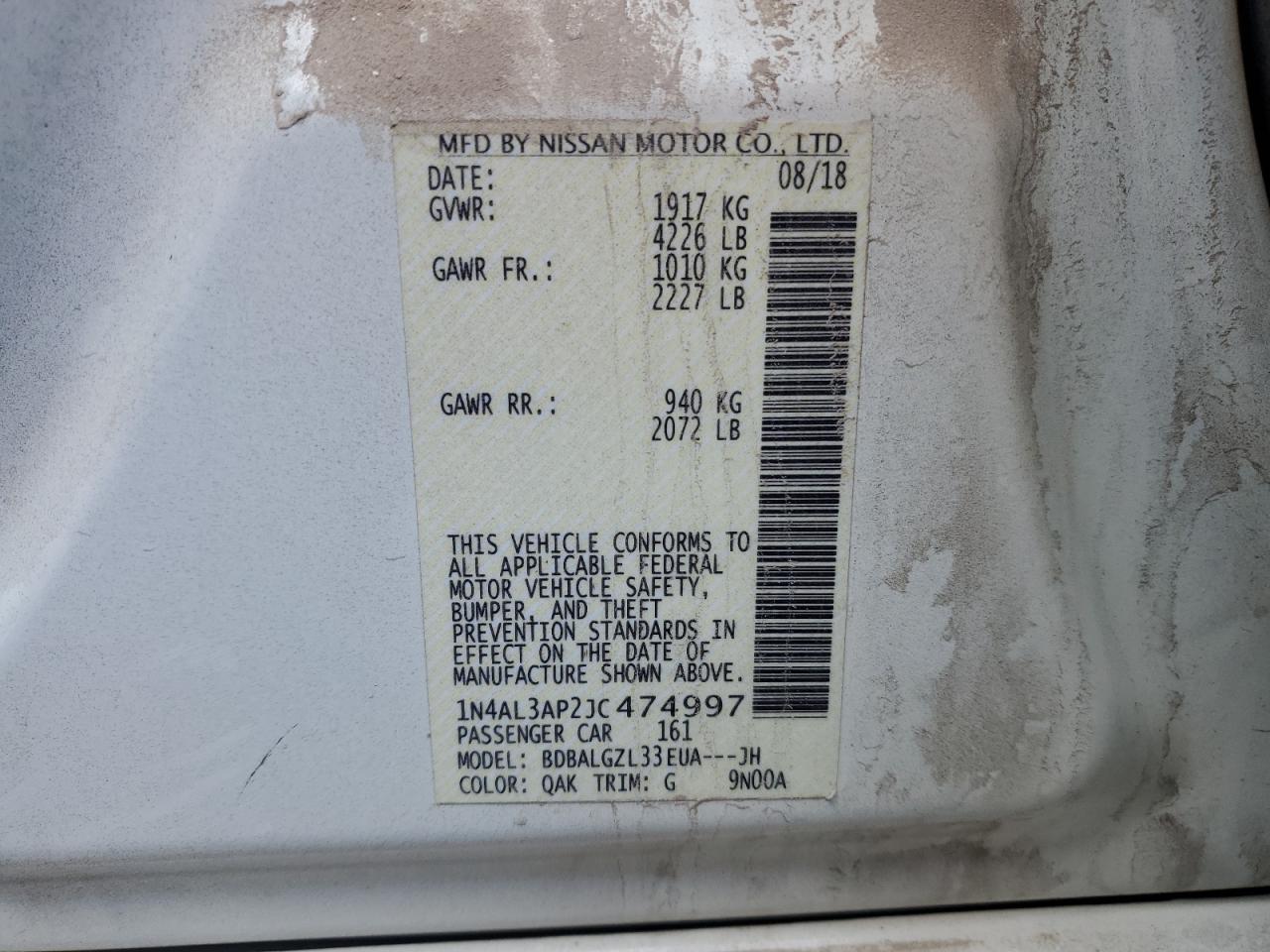 2018 Nissan Altima VIN 1N4AL3AP2JC474997 Copart auction photo, front end damage thumbnail 12