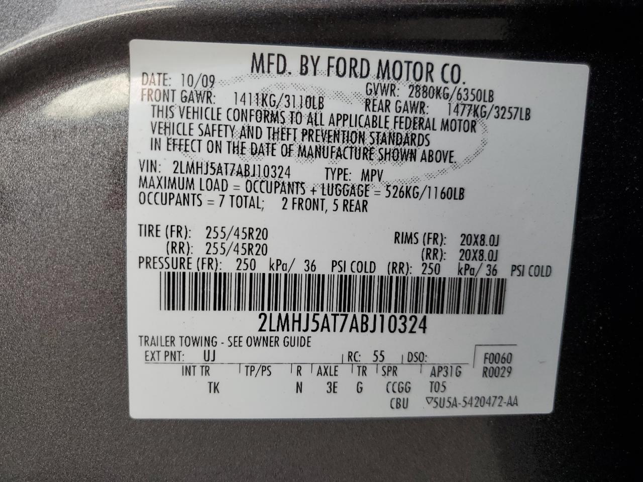 2010 Lincoln MKT VIN 2LMHJ5AT7ABJ10324 Copart auction photo, all over damage thumbnail 14