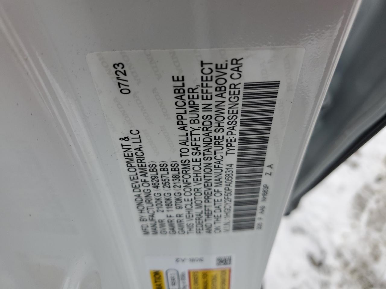 2023 Honda Accord VIN 1HGCY2F50PA058314 Copart auction photo, side / rear end damage thumbnail 12