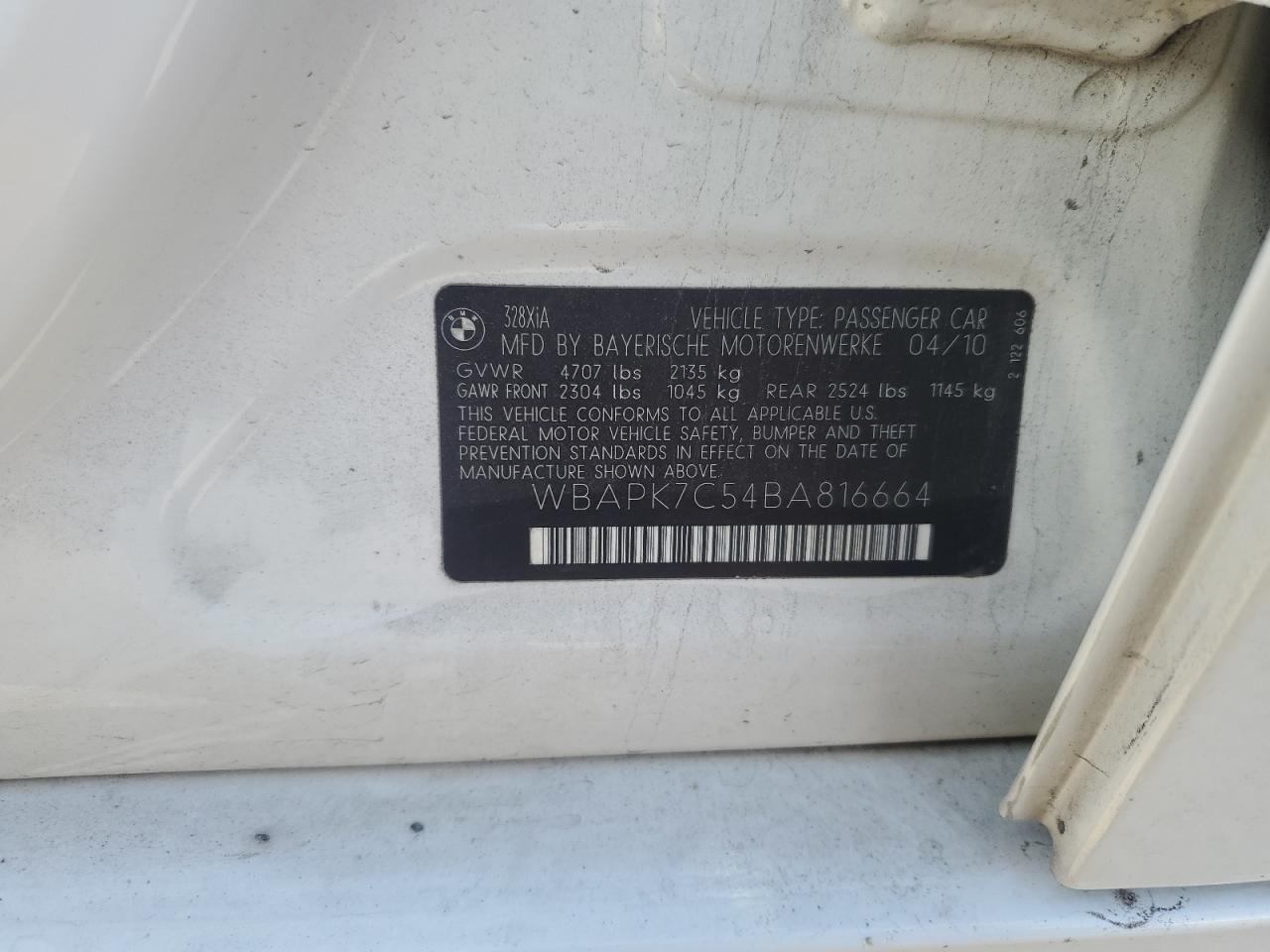 2011 BMW 3er VIN WBAPK7C54BA816664 Copart auction photo, front end / mechanical damage thumbnail 12