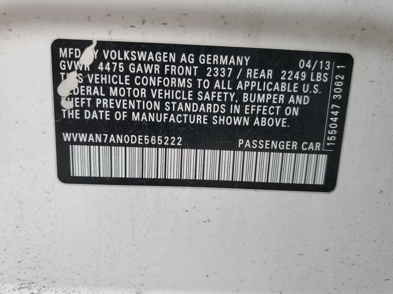 2013 Volkswagen Passat CC VIN WVWAN7AN0DE565222 Copart auction photo, front end damage thumbnail 12