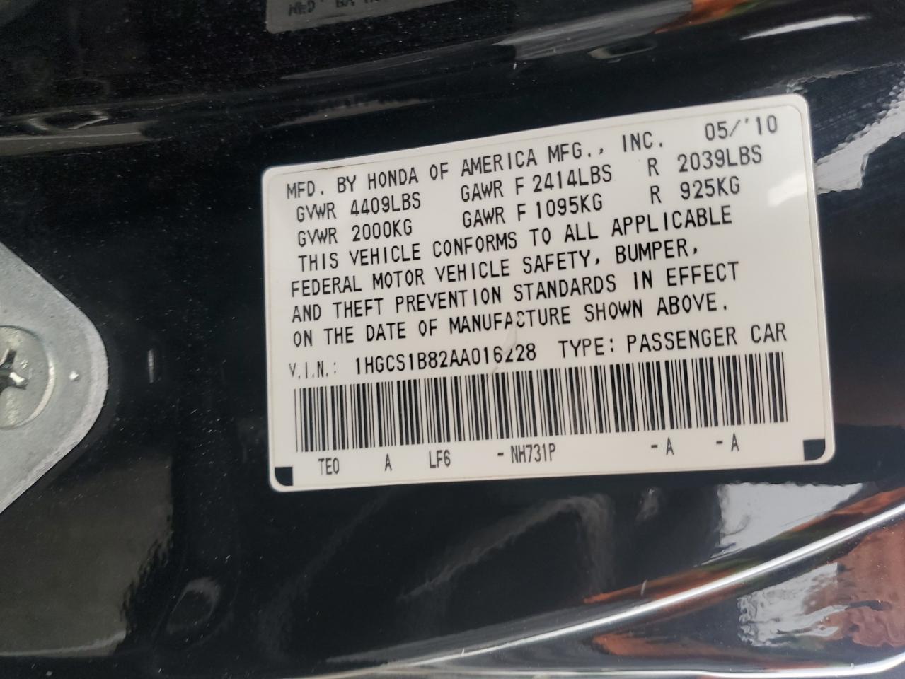 2010 Honda Accord VIN 1HGCS1B82AA016228 Copart auction photo, all over damage thumbnail 14