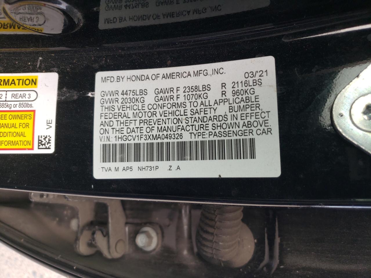 2021 Honda Accord VIN 1HGCV1F3XMA049326 Copart auction photo, undercarriage / rear end damage thumbnail 12