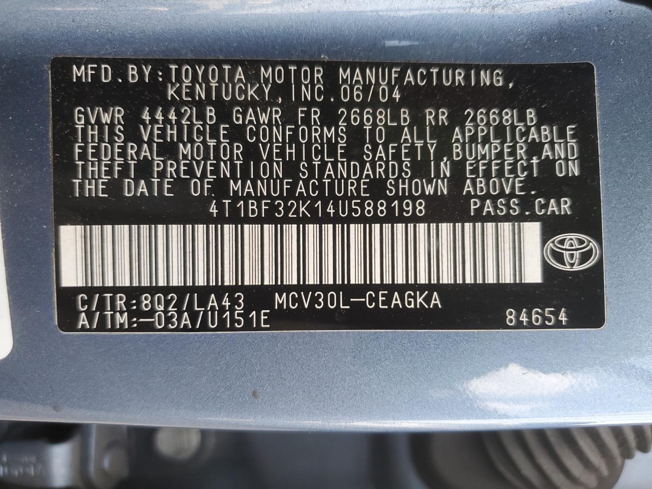 2004 Toyota Camry VIN 4T1BF32K14U588198 Copart auction photo, front end / side damage thumbnail 12