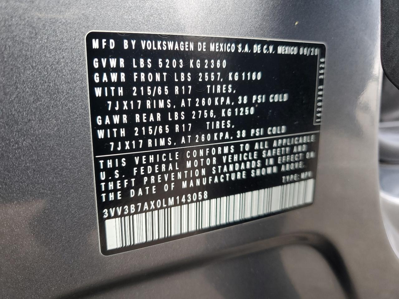 2020 Volkswagen Tiguan VIN 3VV3B7AX0LM143058 Copart auction photo, all over damage thumbnail 14