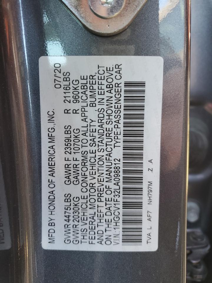2020 Honda Accord VIN 1HGCV1F32LA098812 Copart auction photo, rear end / front end damage thumbnail 14