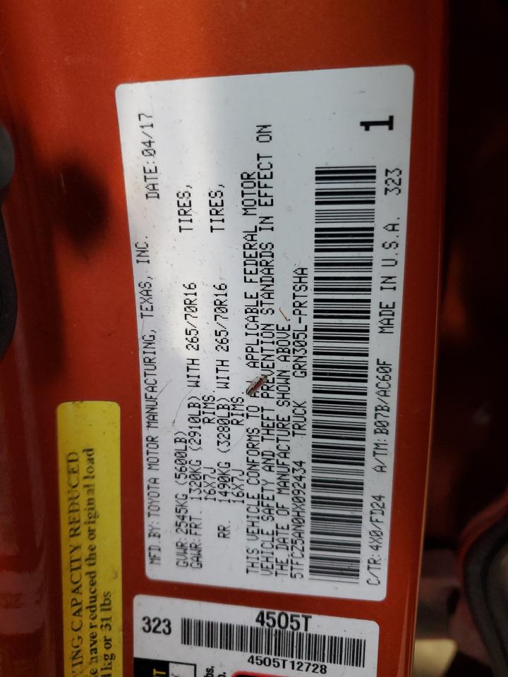 2017 Toyota Tacoma VIN 5TFCZ5AN0HX092434 Copart auction photo, front end / minor dent/scratches damage thumbnail 14