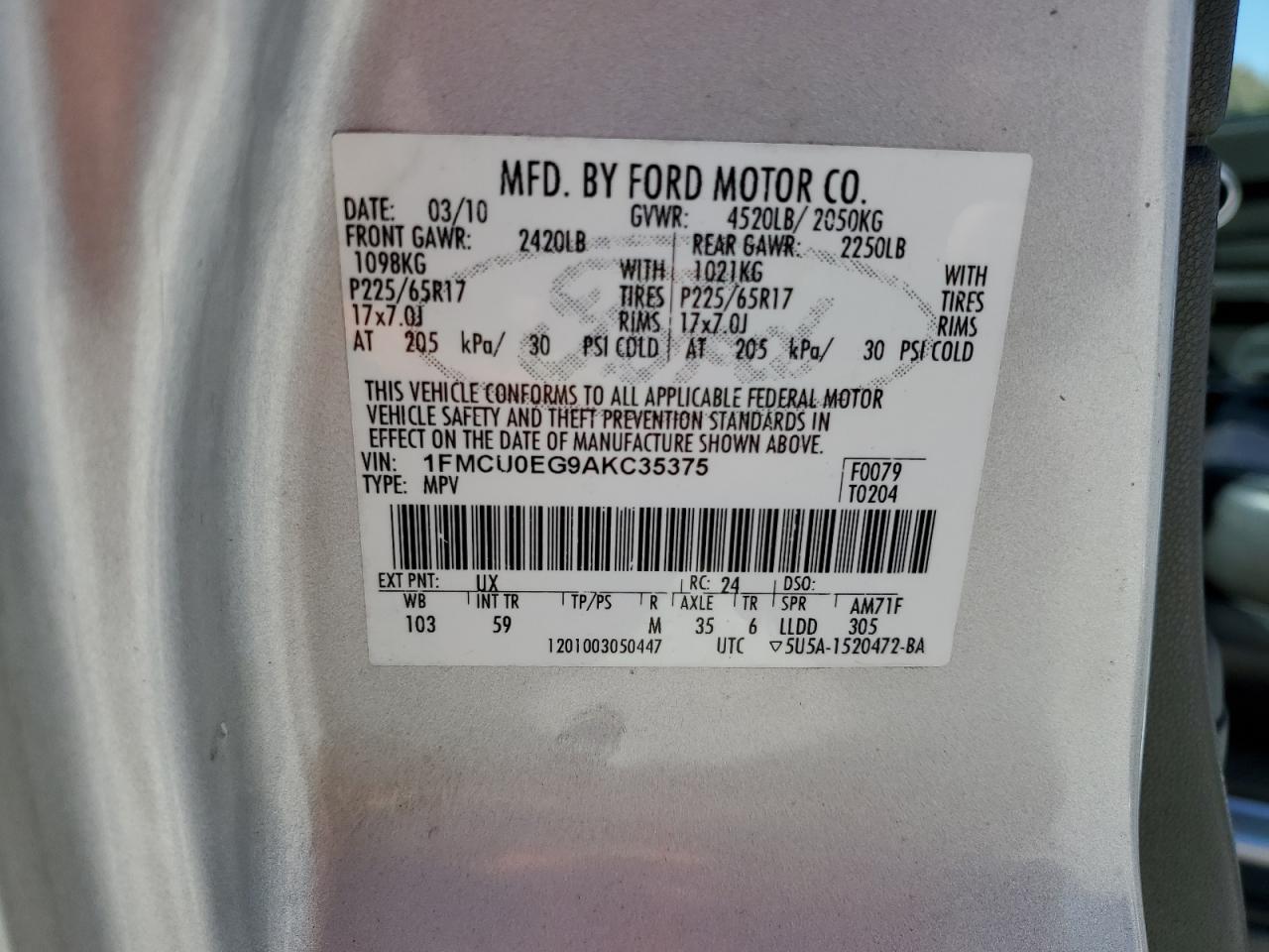 2010 Ford Escape VIN 1FMCU0EG9AKC35375 Copart auction photo, front end damage thumbnail 14