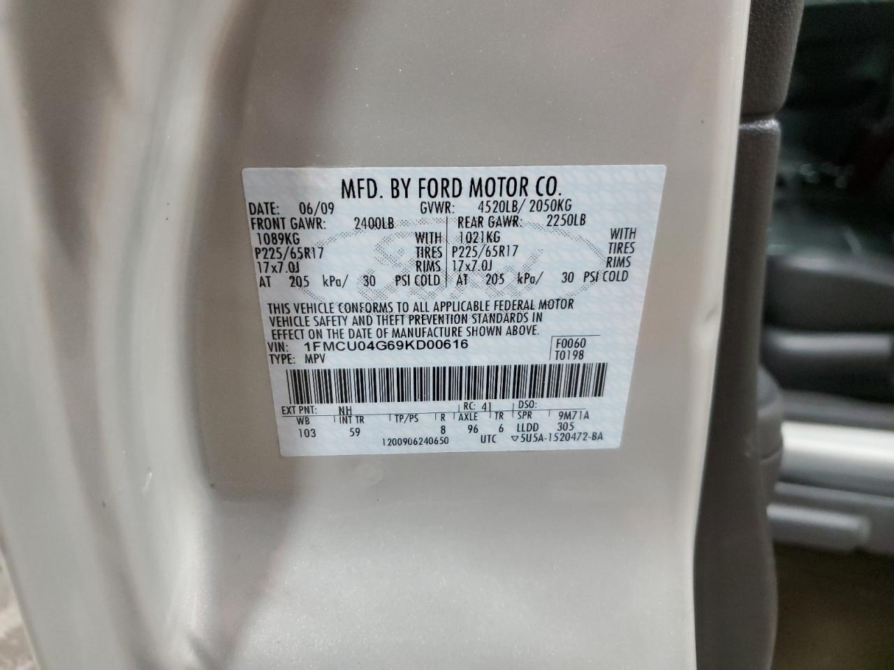 2009 Ford Escape VIN 1FMCU04G69KD00616 Copart auction photo, rear end damage thumbnail 14
