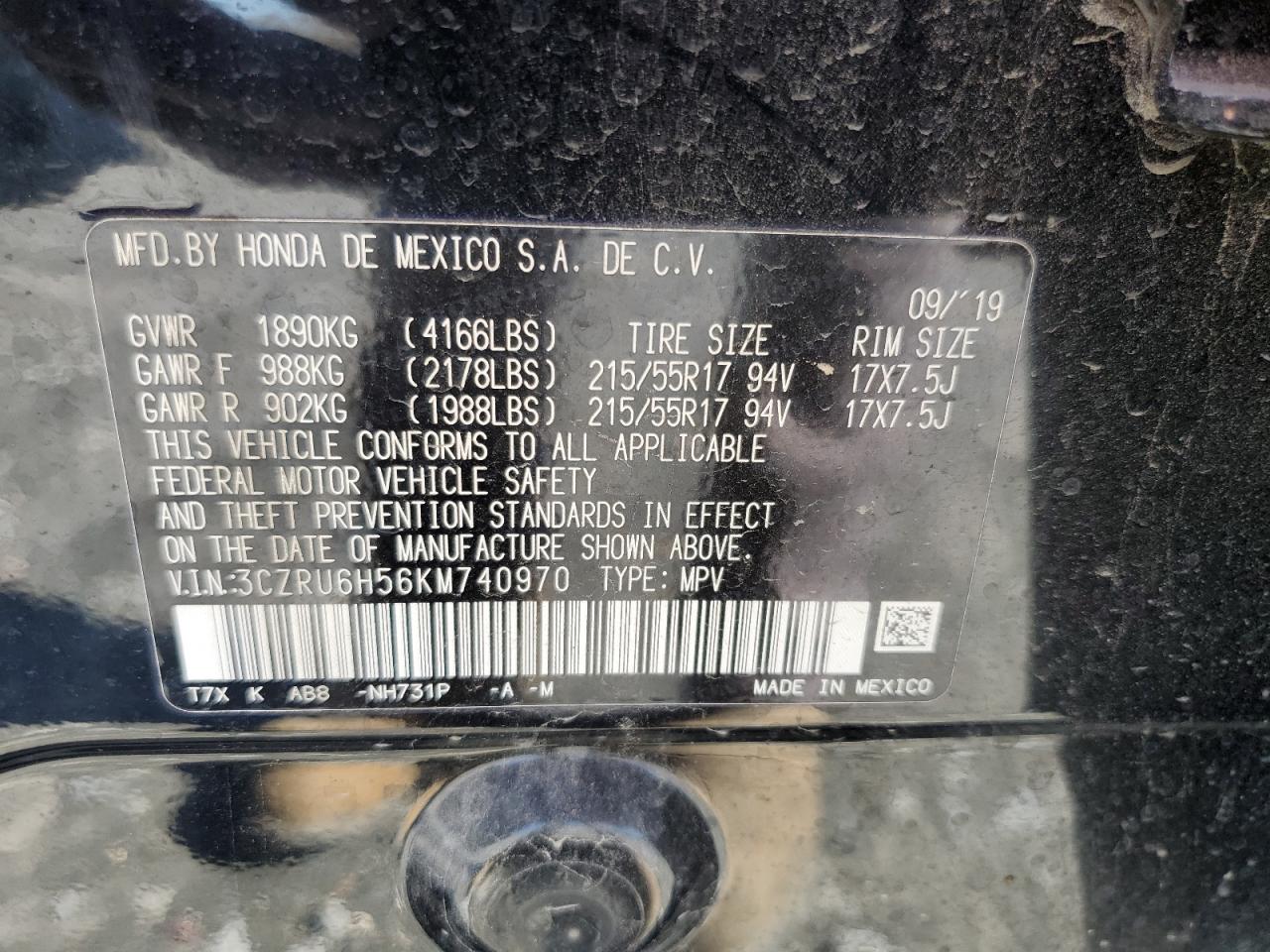 2019 Honda HR-V VIN 3CZRU6H56KM740970 Copart auction photo, front end damage thumbnail 15