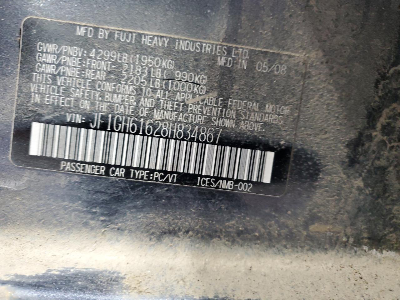 2008 Subaru Impreza VIN JF1GH61628H834867 Copart auction photo, front end damage thumbnail 12