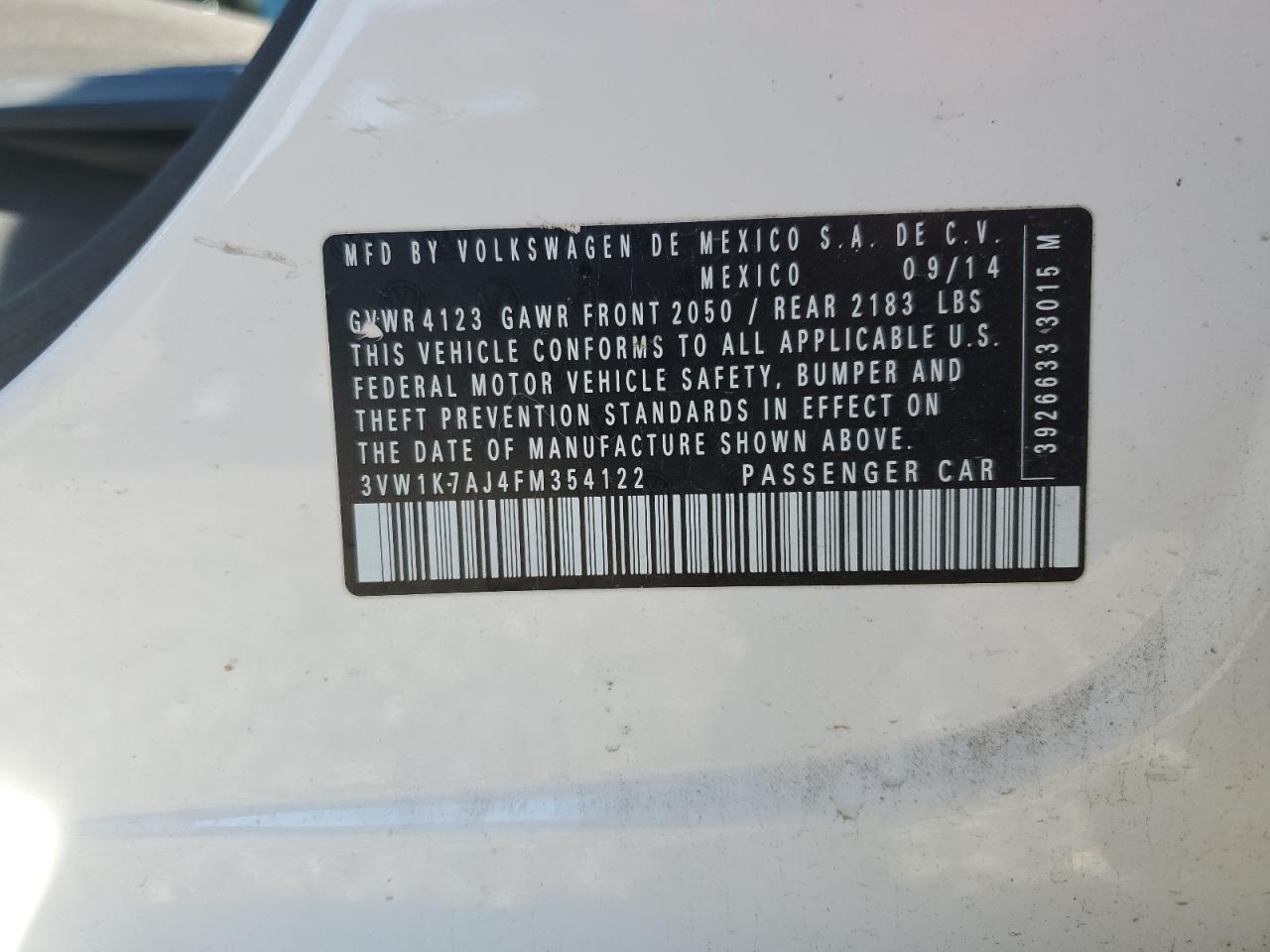 2015 Volkswagen Jetta VIN 3VW1K7AJ4FM354122 Copart auction photo, side damage thumbnail 12