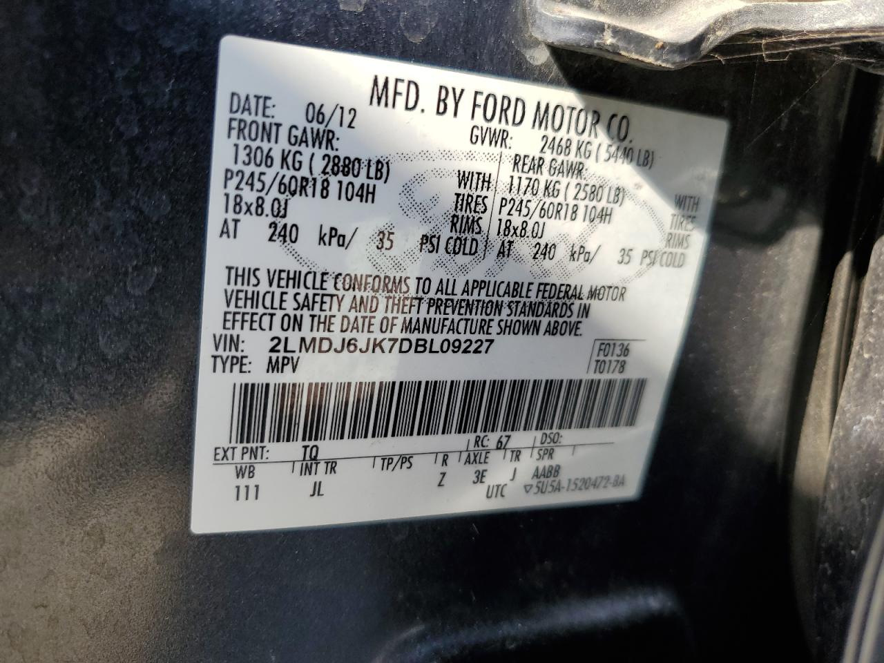 2013 Lincoln MKX VIN 2LMDJ6JK7DBL09227 Copart auction photo, mechanical damage thumbnail 13