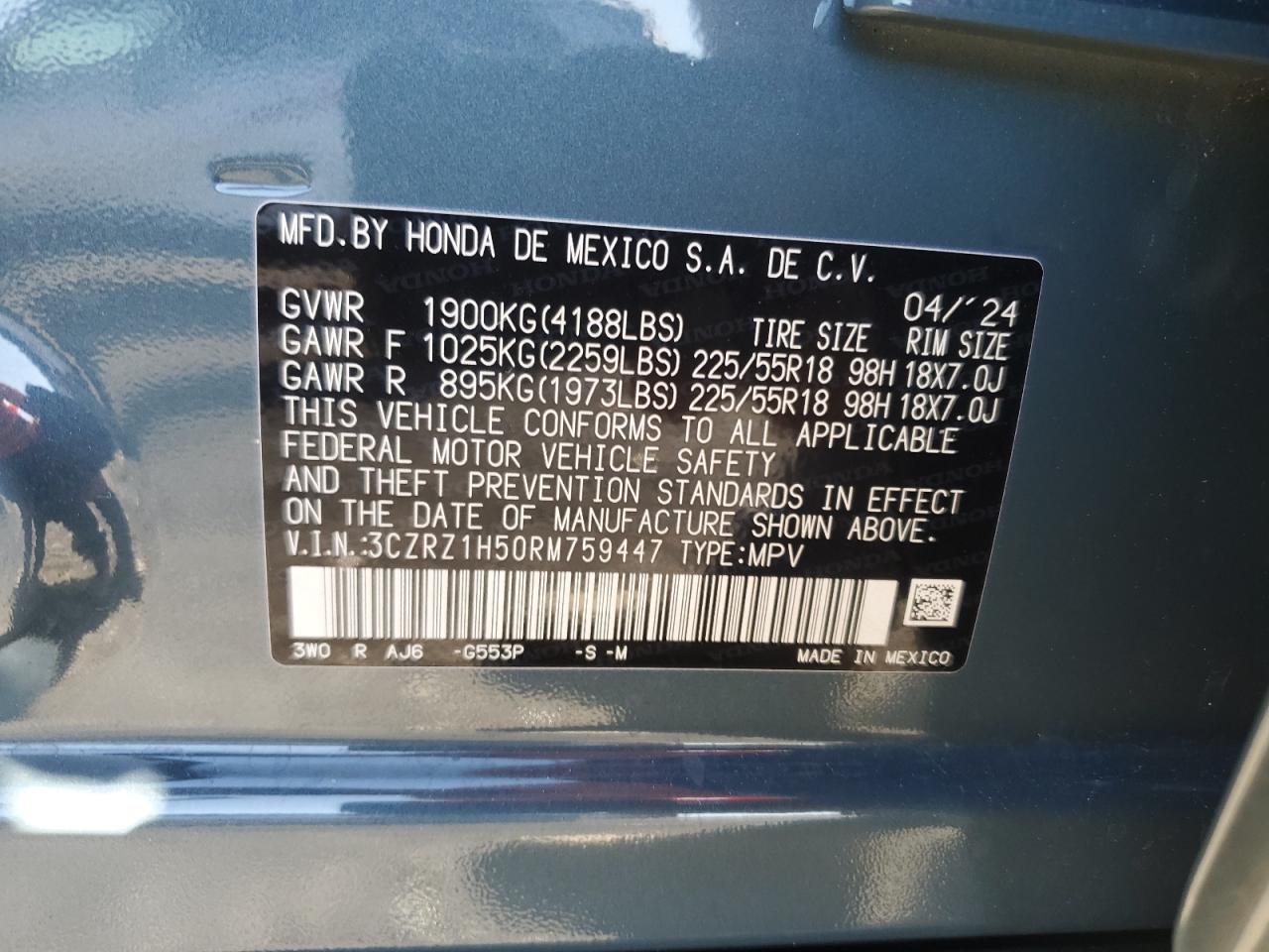 2024 Honda HR-V VIN 3CZRZ1H50RM759447 Copart auction photo, side / rear end damage thumbnail 15