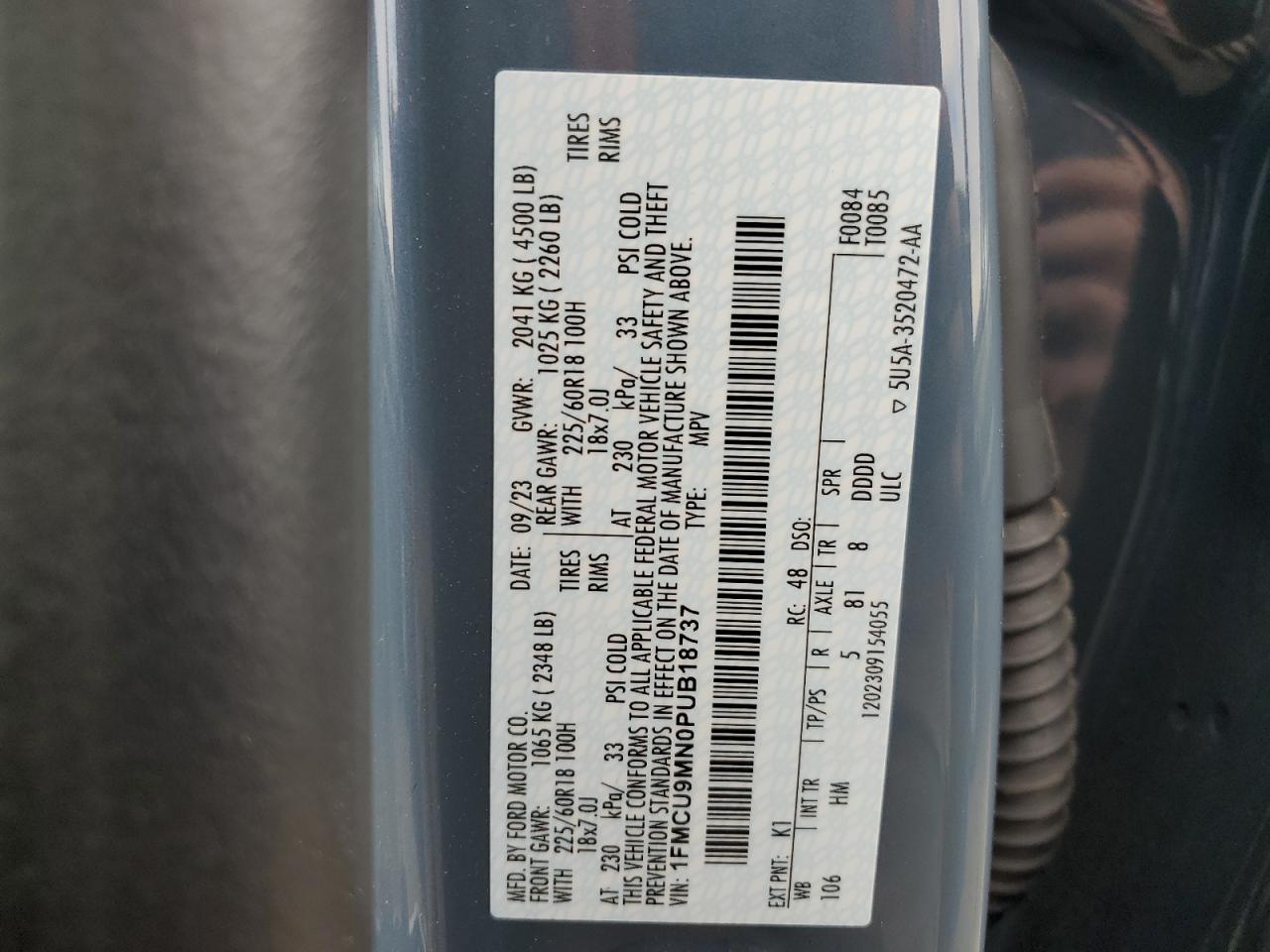 2023 Ford Escape VIN 1FMCU9MN0PUB18737 Copart auction photo, front end damage thumbnail 14
