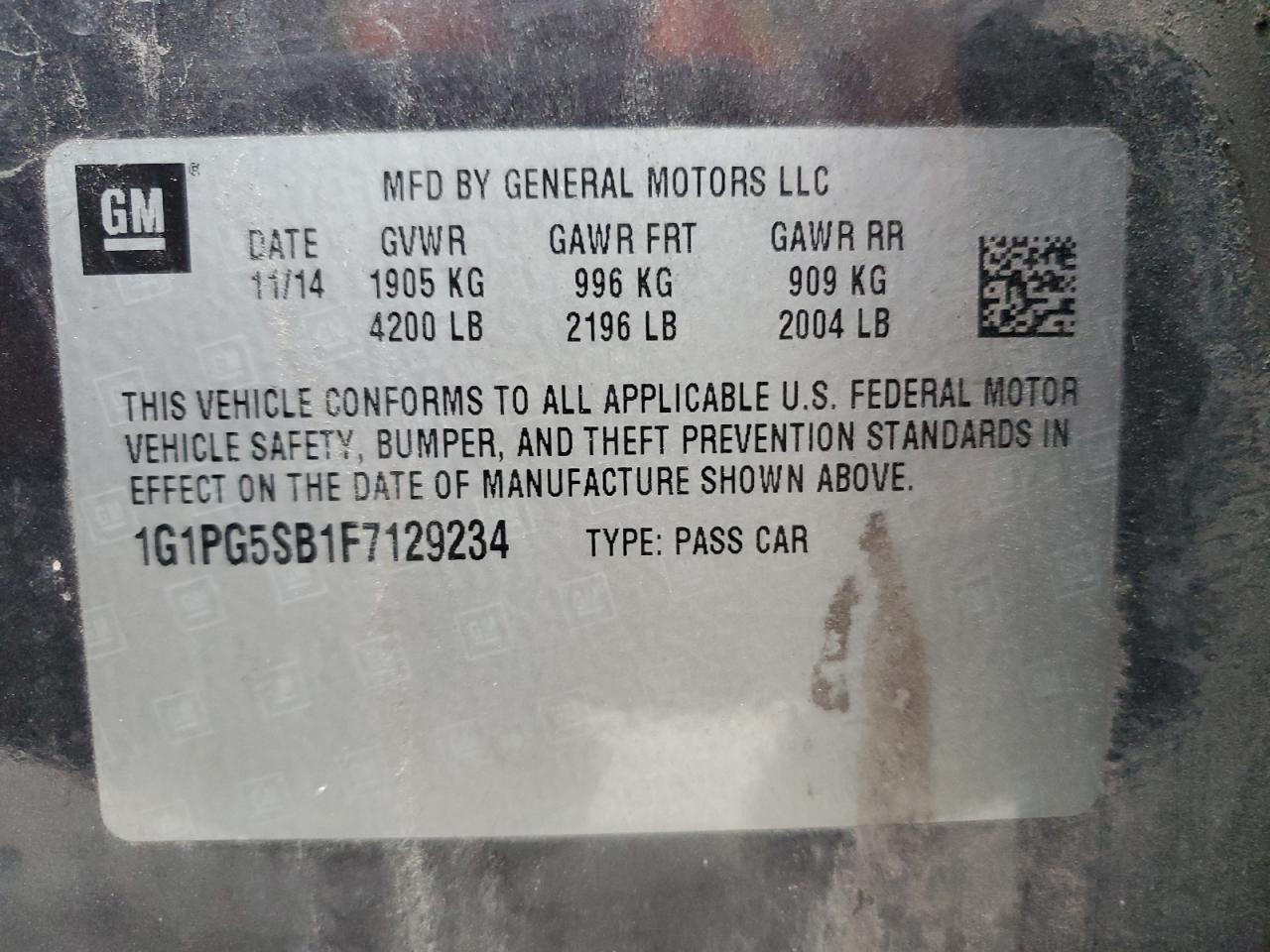 2015 Chevrolet Cruze VIN 1G1PG5SB1F7129234 Copart auction photo, front end / mechanical damage thumbnail 12