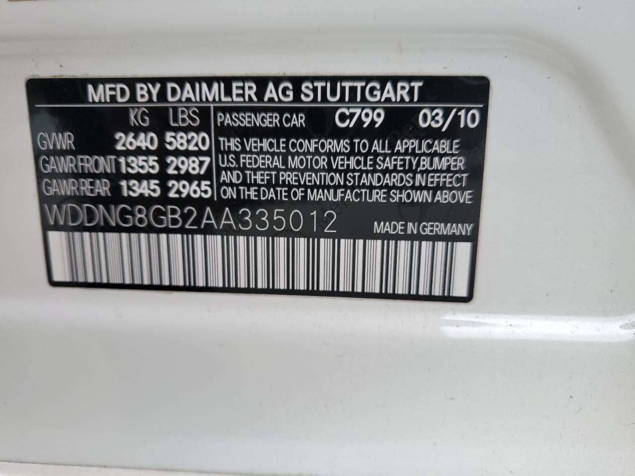 2010 Mercedes-Benz S-klasse VIN WDDNG8GB2AA335012 Copart auction photo, front end / minor dent/scratches damage thumbnail 12