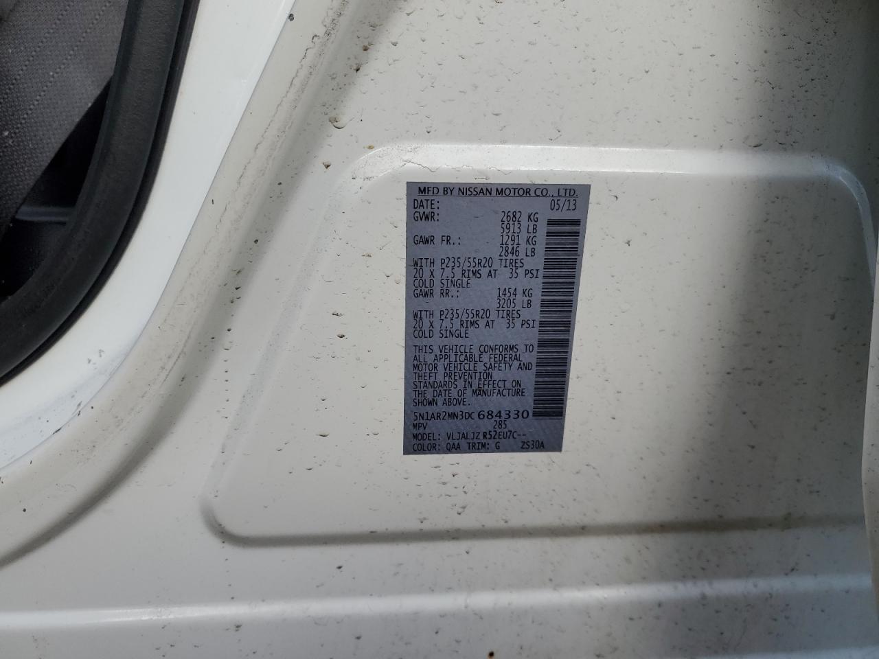 2013 Nissan Pathfinder VIN 5N1AR2MN3DC684330 Copart auction photo, rear end / front end damage thumbnail 15