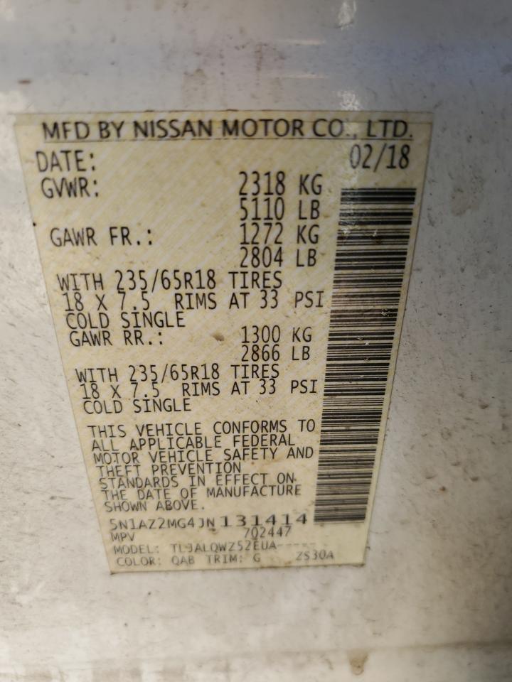 2018 Nissan Murano VIN 5N1AZ2MG4JN131414 Copart auction photo, front end damage thumbnail 13