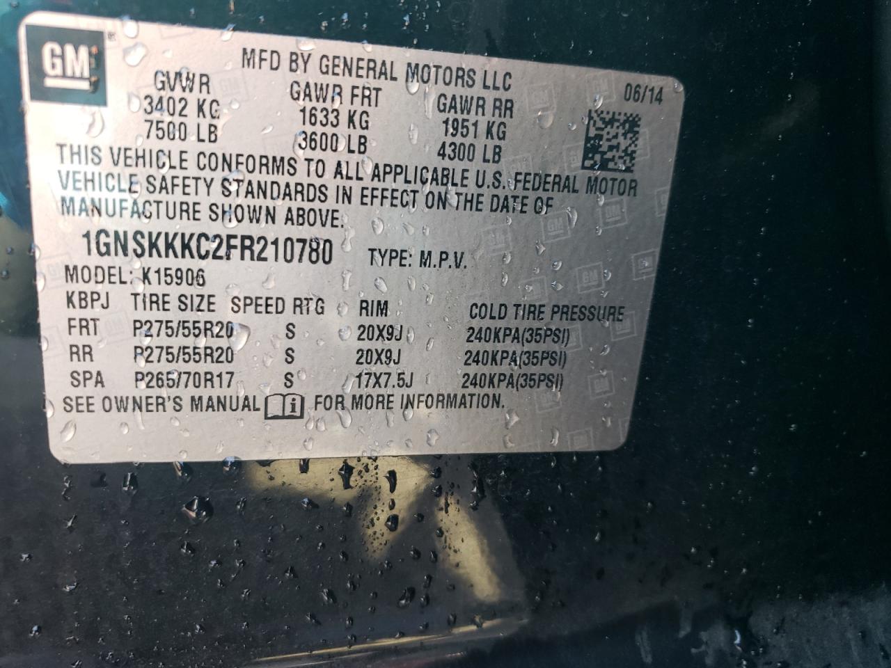 2015 Chevrolet Suburban VIN 1GNSKKKC2FR210780 Copart auction photo, front end / rear end damage thumbnail 14