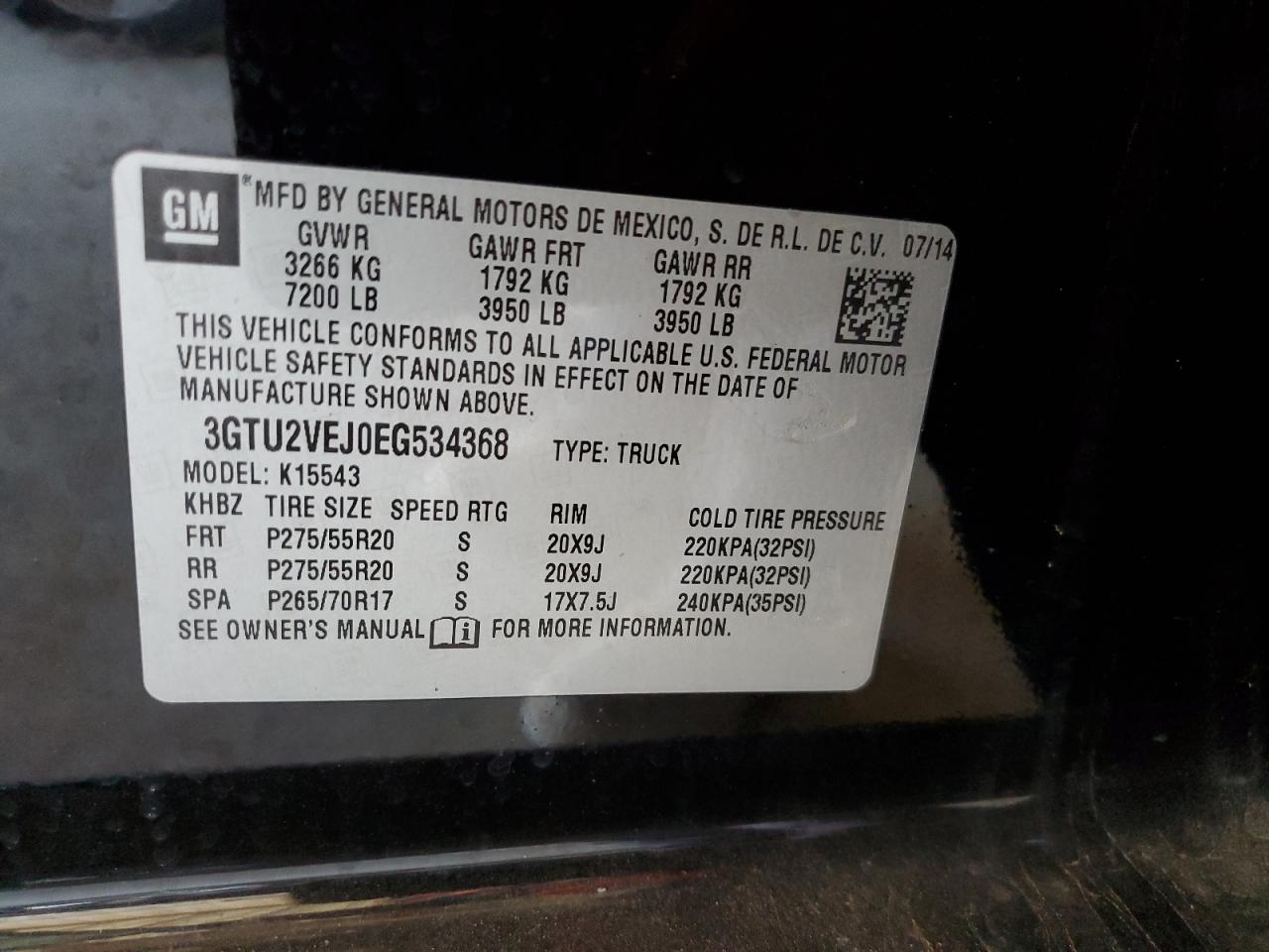2014 GMC Sierra VIN 3GTU2VEJ0EG534368 Copart auction photo, front end / side damage thumbnail 12