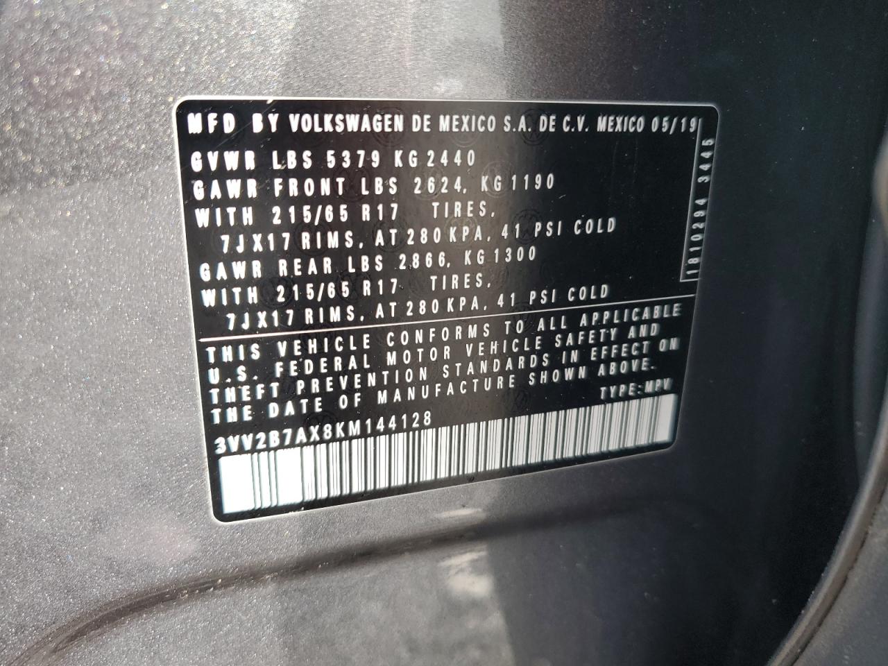 2019 Volkswagen Tiguan VIN 3VV2B7AX8KM144128 Copart auction photo, front end / side damage thumbnail 14