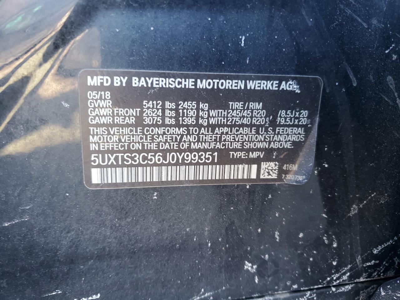 2018 BMW X3 VIN 5UXTS3C56J0Y99351 Copart auction photo, front end damage thumbnail 13