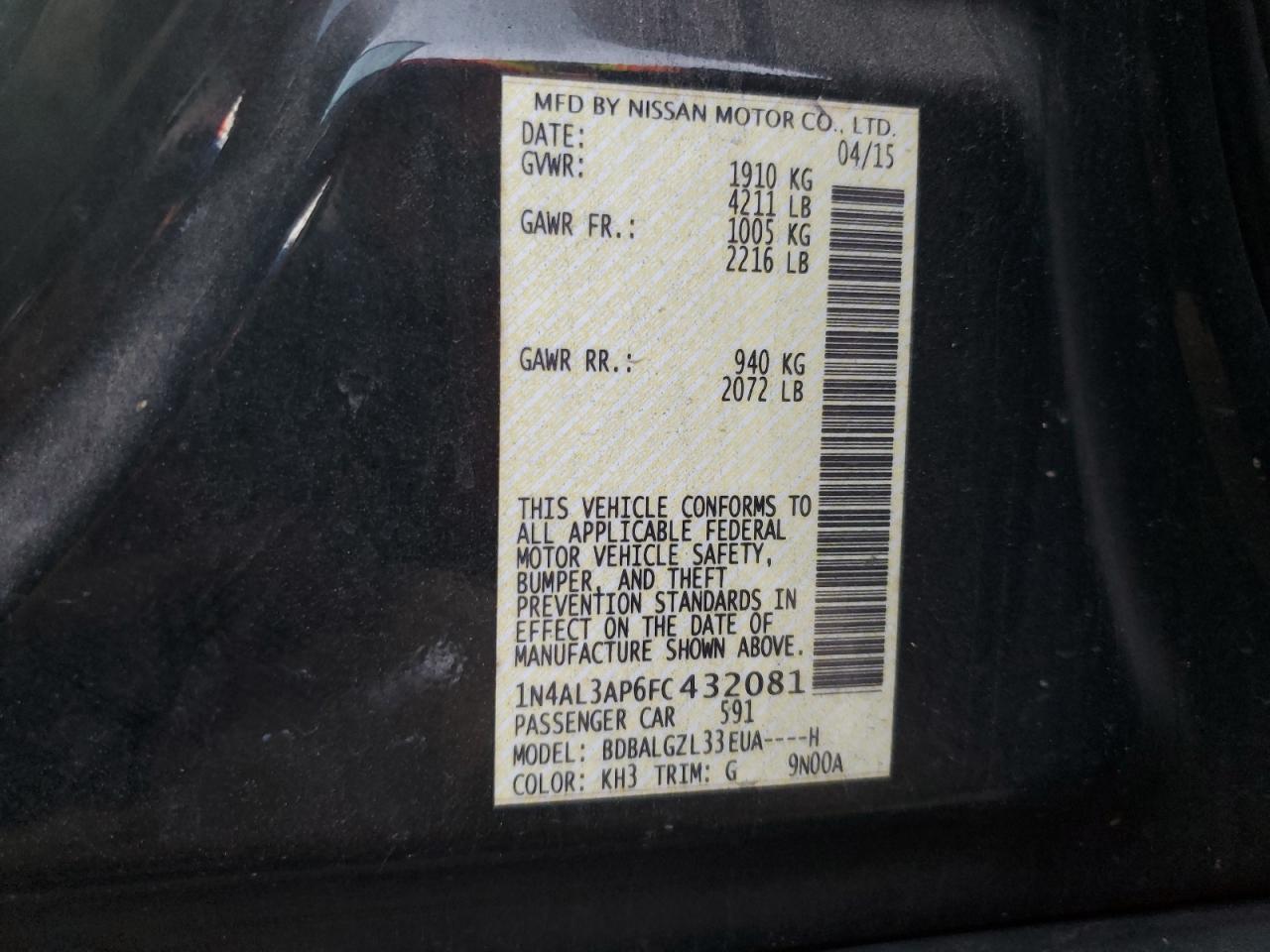 2015 Nissan Altima VIN 1N4AL3AP6FC432081 Copart auction photo, all over damage thumbnail 13