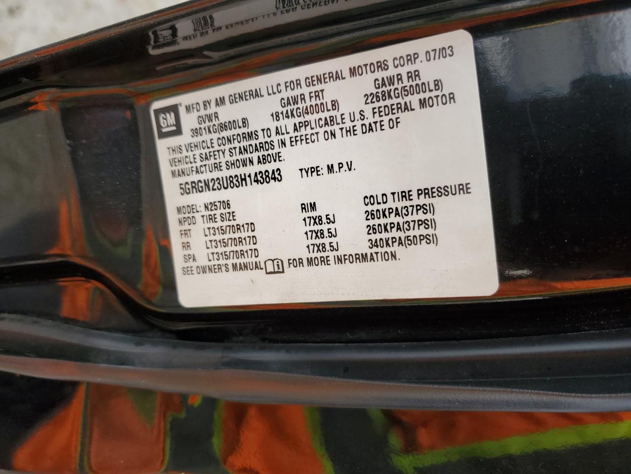 2003 Hummer H2 VIN 5GRGN23U83H143843 Copart auction photo, stripped damage thumbnail 14
