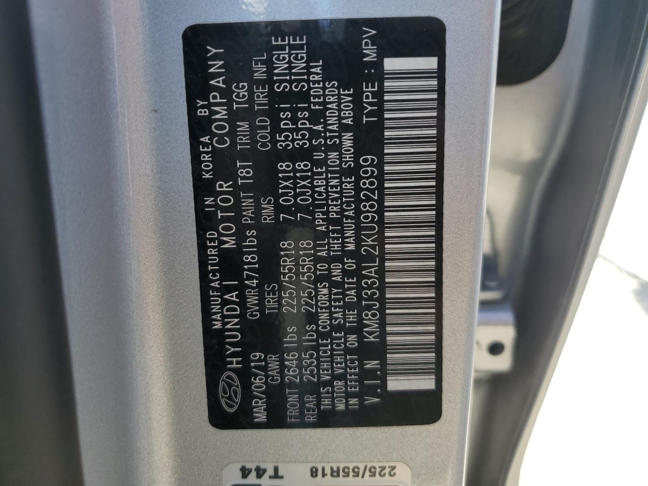 2019 Hyundai Tucson VIN KM8J33AL2KU982899 Copart auction photo, rear end damage thumbnail 16