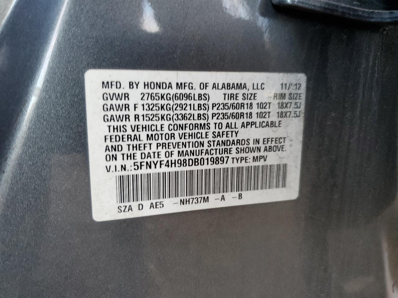 2013 Honda Pilot VIN 5FNYF4H98DB019897 Copart auction photo, front end damage thumbnail 16