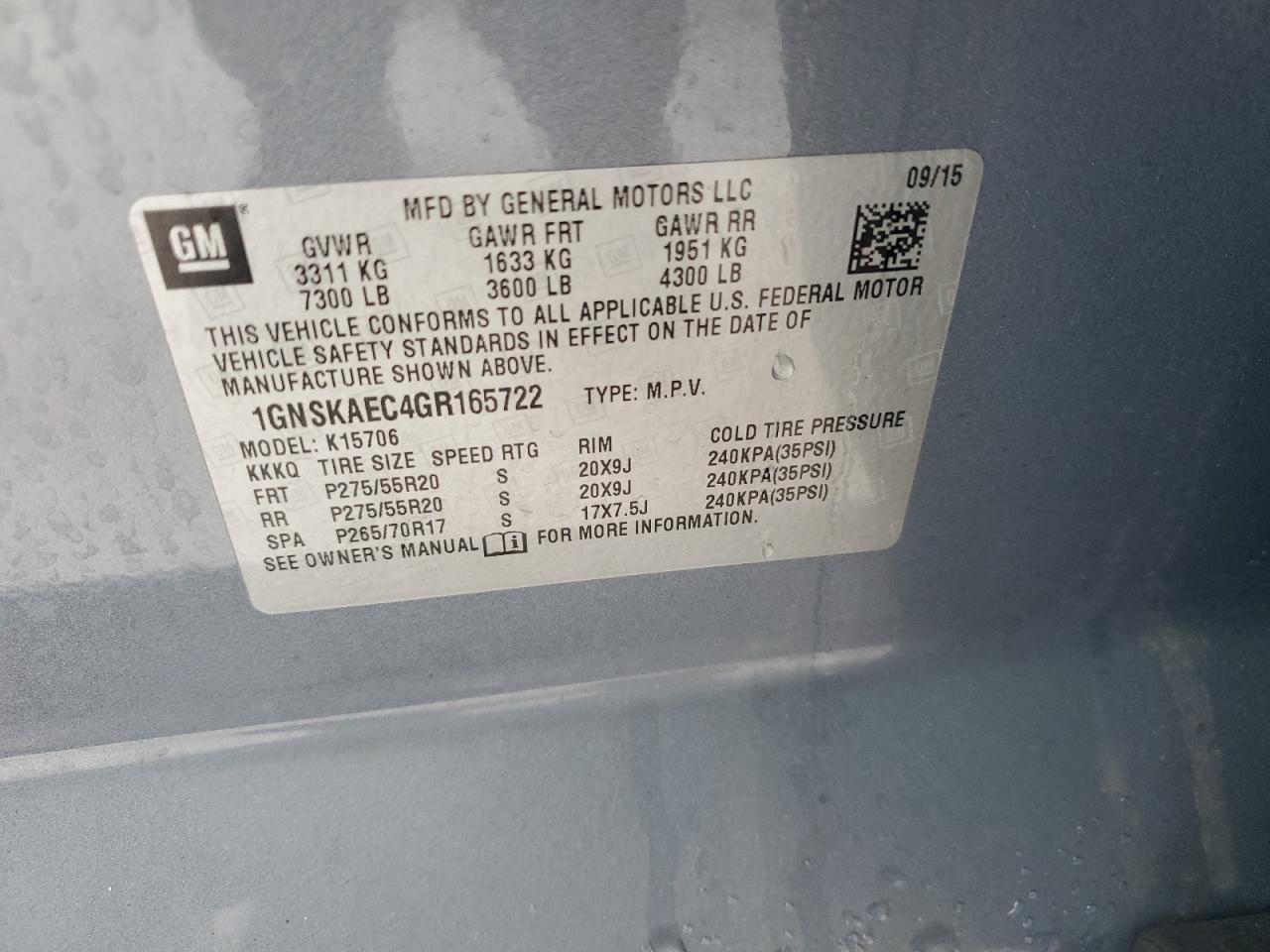 2016 Chevrolet Tahoe VIN 1GNSKAEC4GR165722 Copart auction photo, rear end / front end damage thumbnail 14