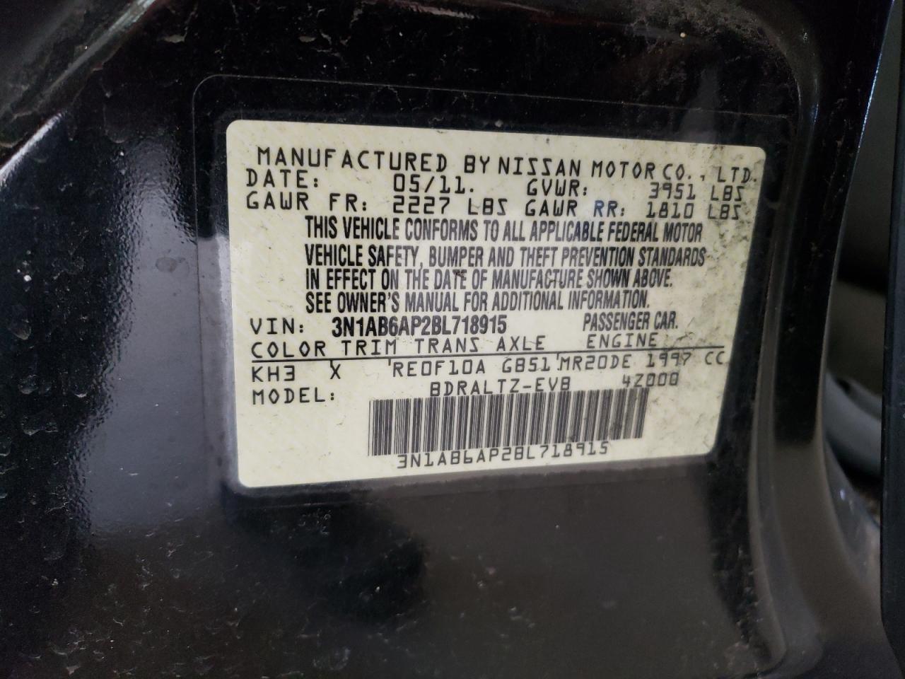 2011 Nissan Sentra VIN 3N1AB6AP2BL718915 Copart auction photo, side / minor dent/scratches damage thumbnail 14