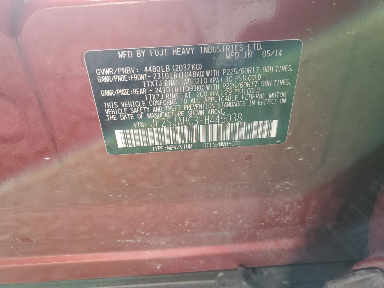 2015 Subaru Forester VIN JF2SJABC3FH445038 Copart auction photo, front end damage thumbnail 12
