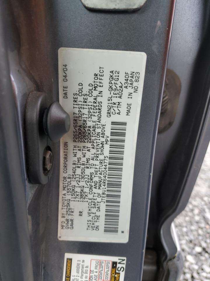 2004 Toyota 4Runner VIN JTEBU14R640044775 Copart auction photo, rear end damage thumbnail 12