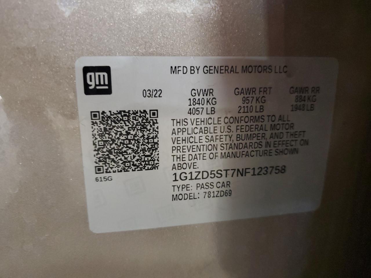 2022 Chevrolet Malibu VIN 1G1ZD5ST7NF123758 Copart auction photo, front end damage thumbnail 13