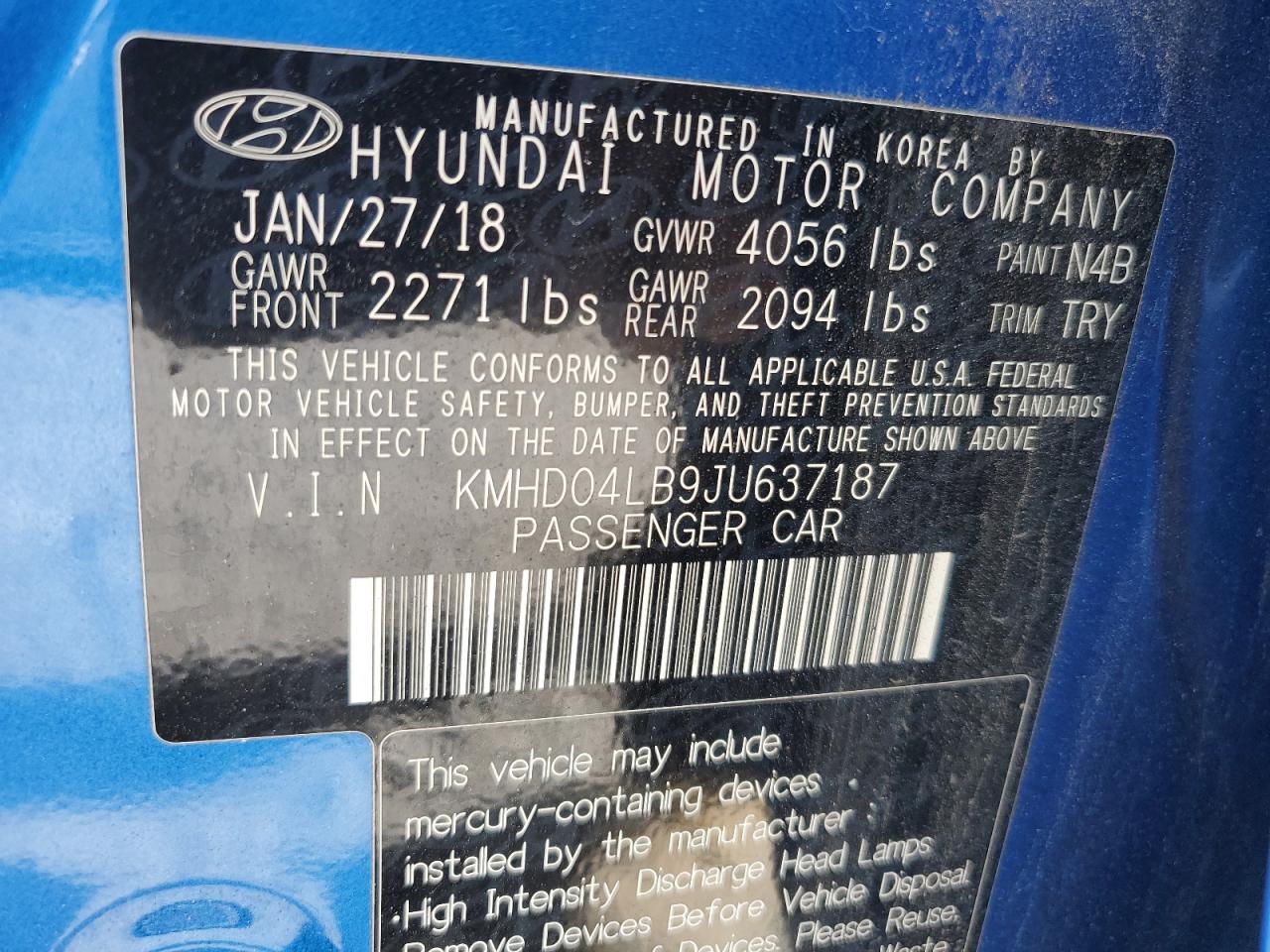 2018 Hyundai Elantra VIN KMHD04LB9JU637187 Copart auction photo, front end damage thumbnail 12
