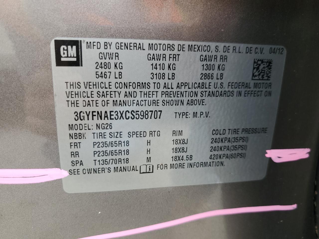 2012 Cadillac SRX VIN 3GYFNAE3XCS598707 Copart auction photo, water/flood damage thumbnail 13
