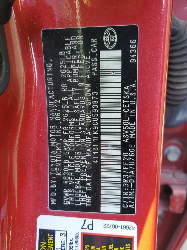 2012 Toyota Camry VIN 4T1BF1FK9CU593873 Copart auction photo, rear end damage thumbnail 14
