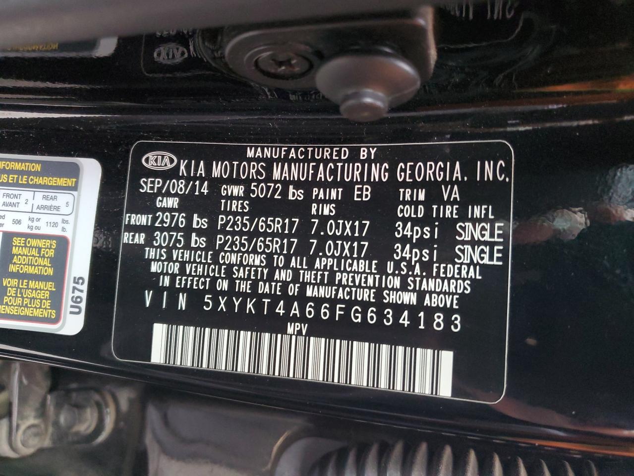 2015 KIA Sorento VIN 5XYKT4A66FG634183 Copart auction photo, rear end / side damage thumbnail 13