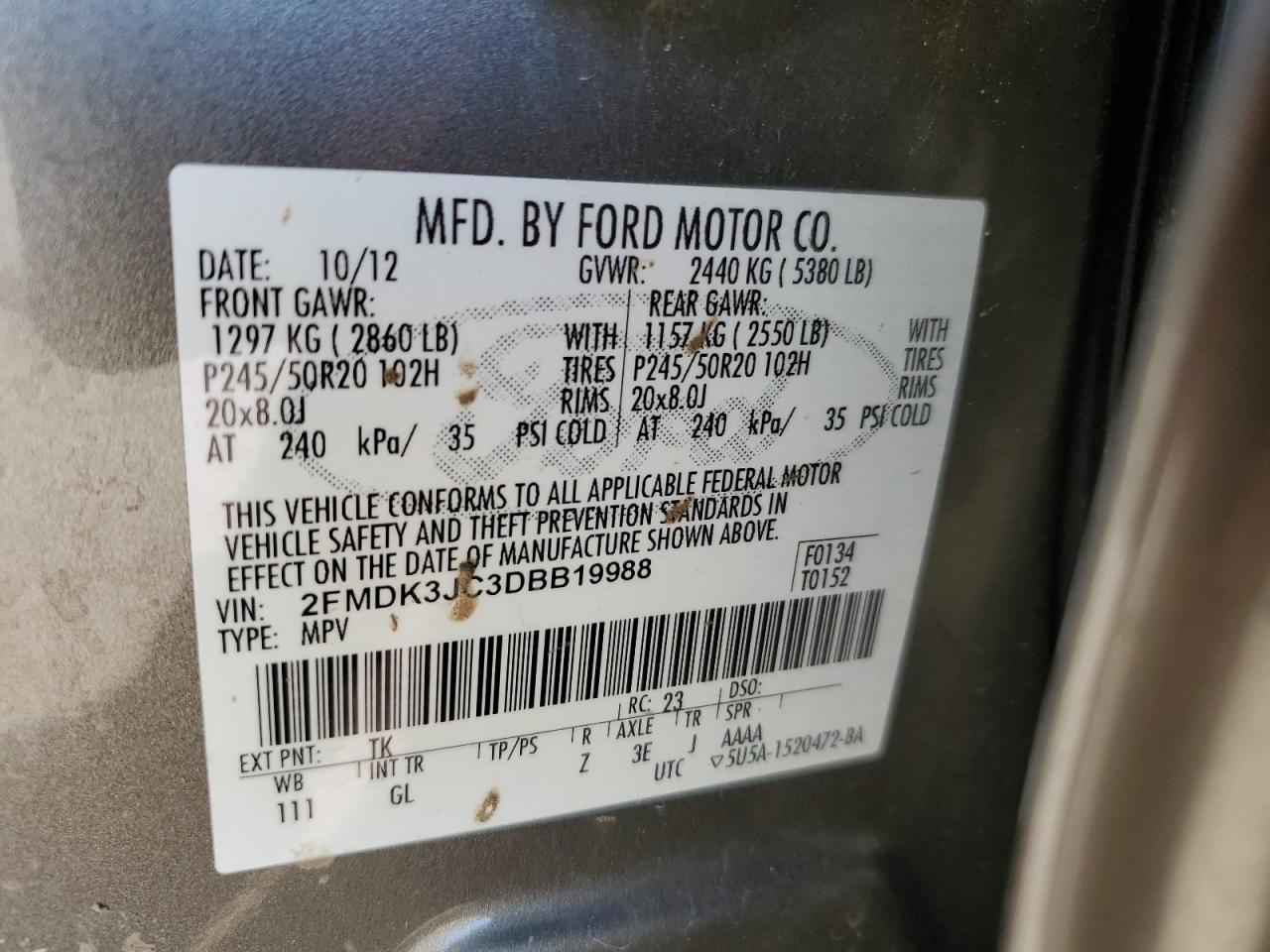 2013 Ford Edge VIN 2FMDK3JC3DBB19988 Copart auction photo, front end damage thumbnail 13