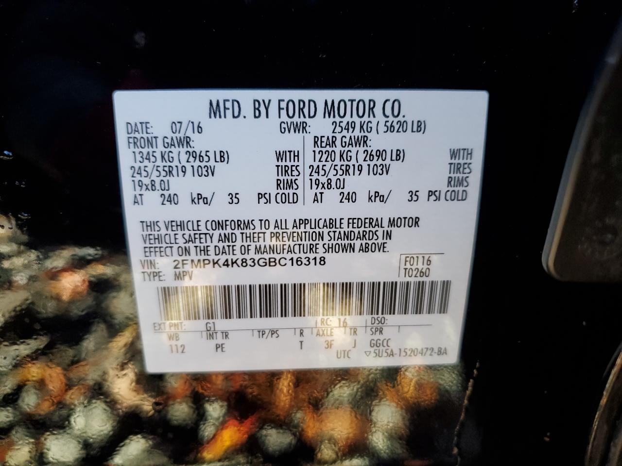 2016 Ford Edge VIN 2FMPK4K83GBC16318 Copart auction photo, front end damage thumbnail 14