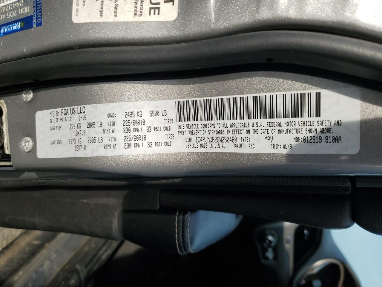 2016 Jeep Grand Cherokee VIN 1C4PJMDB2GW250460 Copart auction photo, side / rear end damage thumbnail 13
