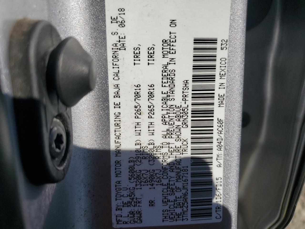 2018 Toyota Tacoma VIN 3TMCZ5AN6JM167181 Copart auction photo, vandalism damage thumbnail 12