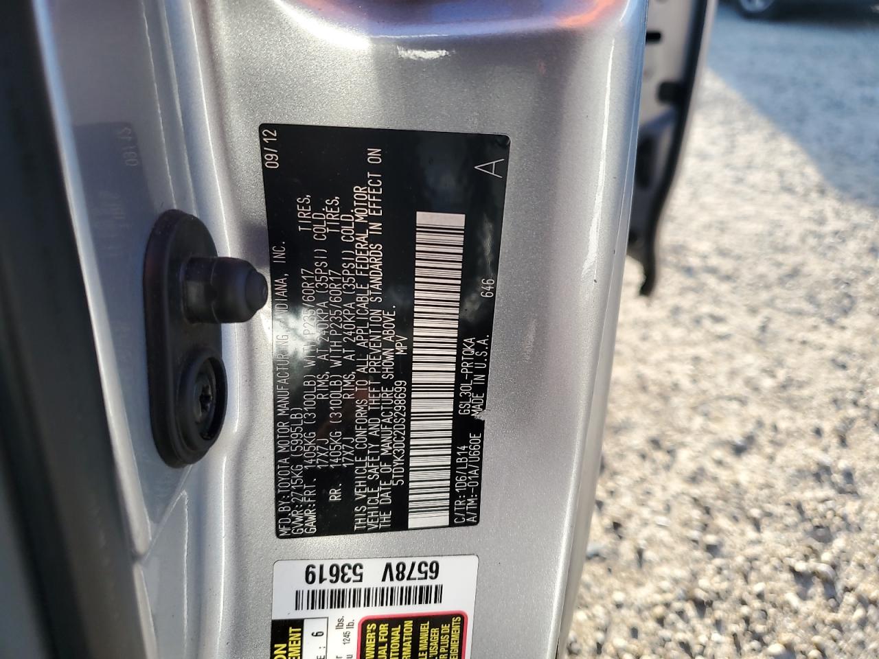 2013 Toyota Sienna VIN 5TDYK3DC2DS298699 Copart auction photo, water/flood damage thumbnail 14