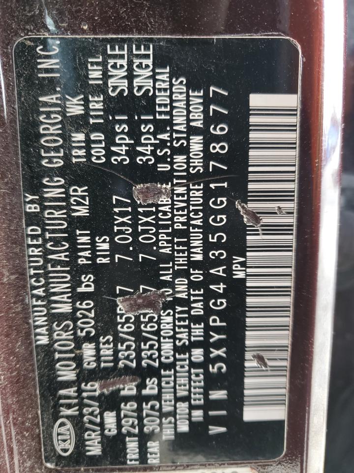 2016 KIA Sorento VIN 5XYPG4A35GG178677 Copart auction photo, front end damage thumbnail 15