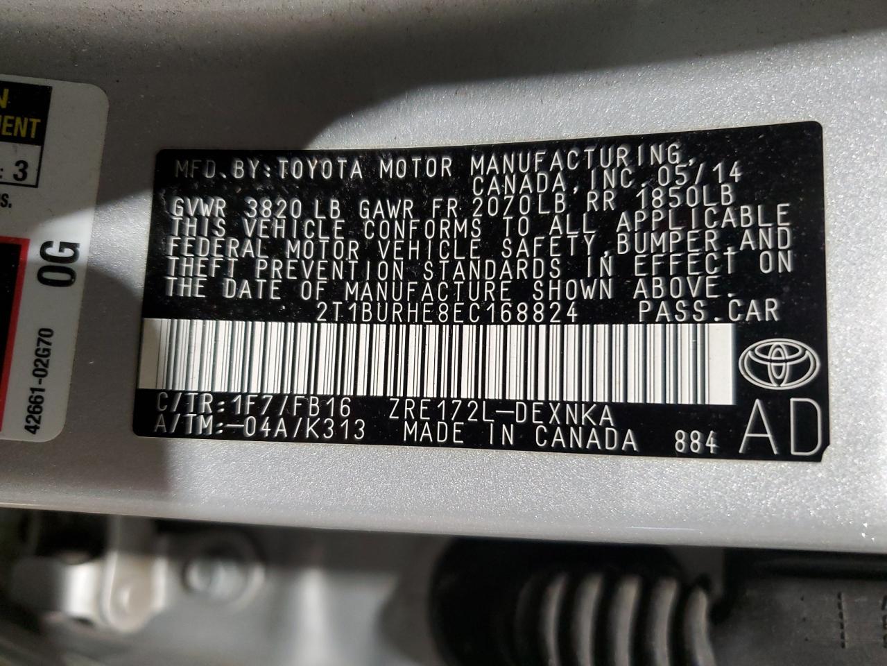 2014 Toyota Corolla VIN 2T1BURHE8EC168824 Copart auction photo, rear end / front end damage thumbnail 12
