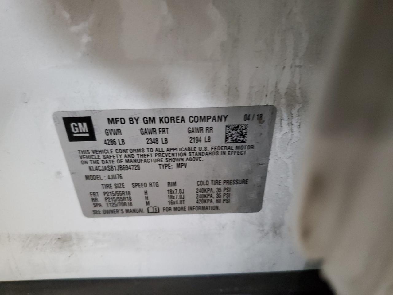 2018 Buick Encore VIN KL4CJASB1JB694728 Copart auction photo, side / rear end damage thumbnail 12